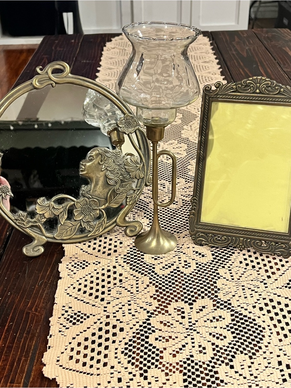 Antique-Style Brass Decorative Mirror with Floral Relief - Brass Finish